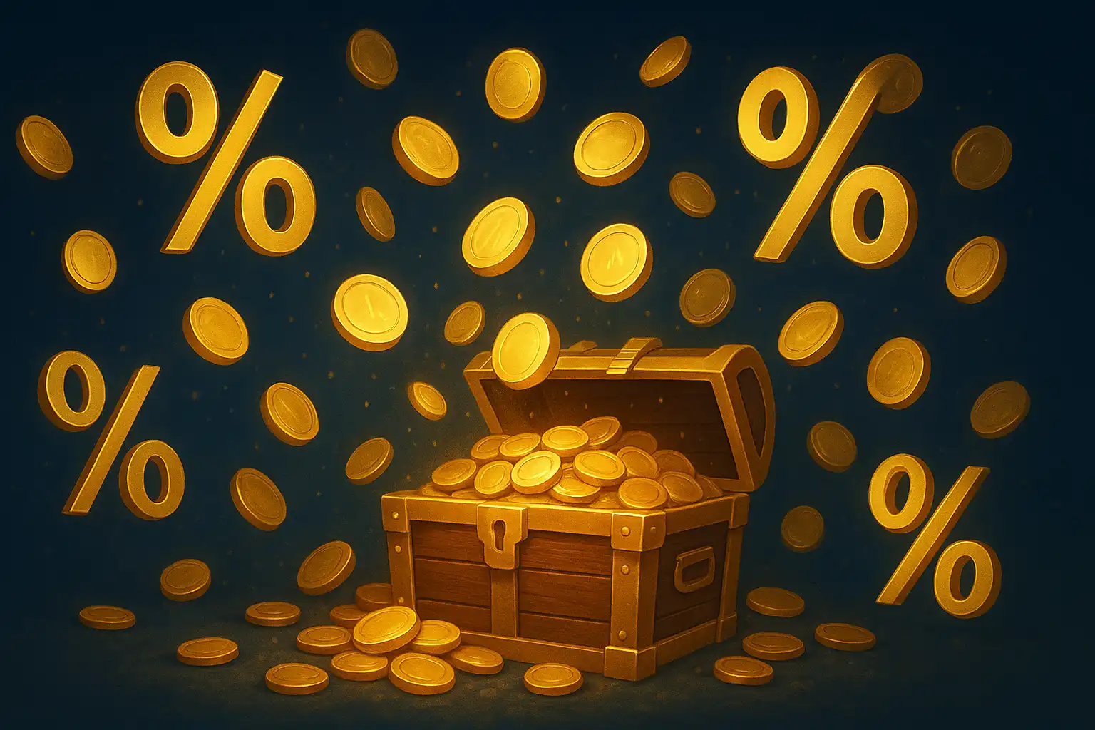 Monete bonus dorate e un simbolo di percentuale che rappresentano le offerte di benvenuto del casinò