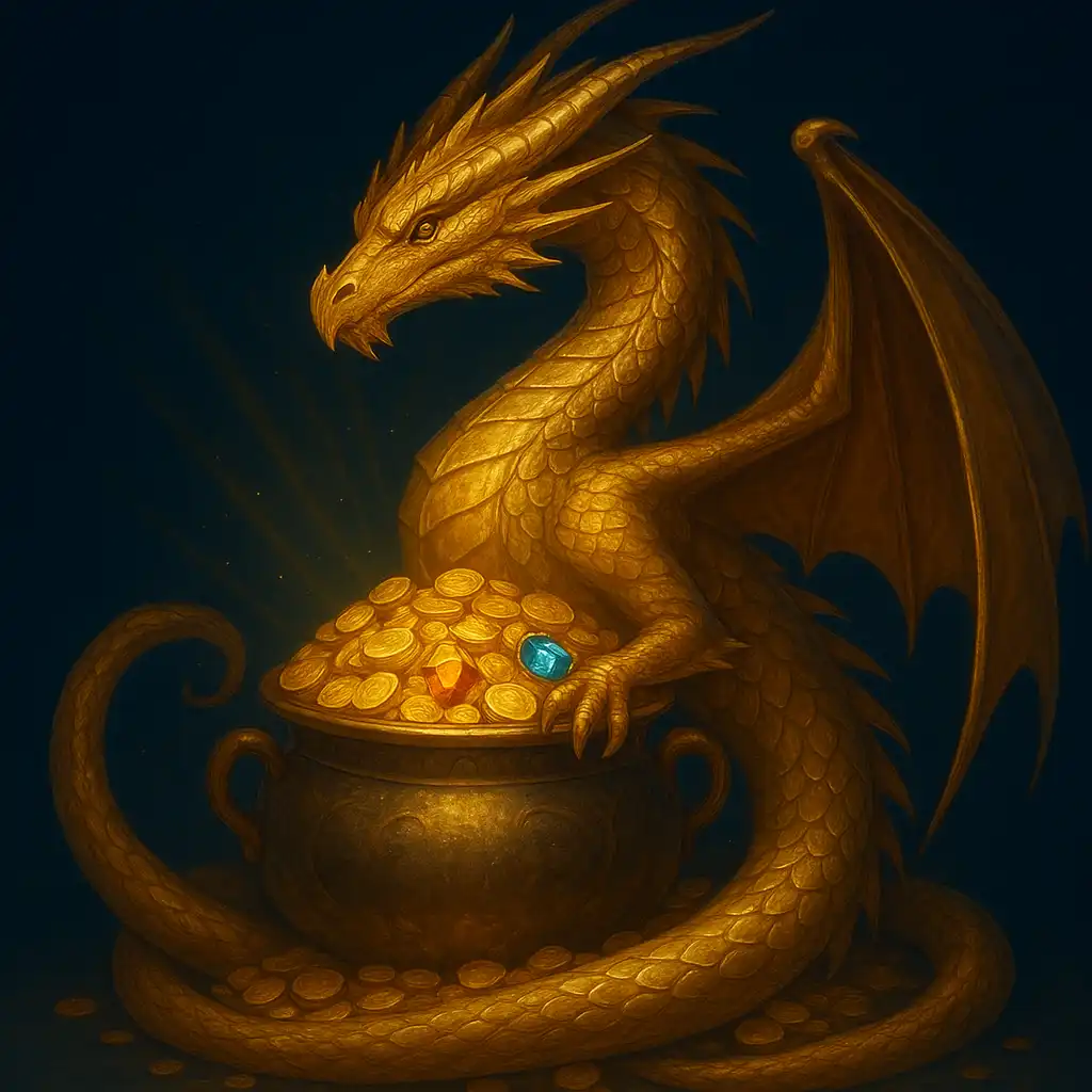 Illustrazione di un drago dorato a guardia di una pentola di tesoro, la mascotte di Dragon Pots Casino